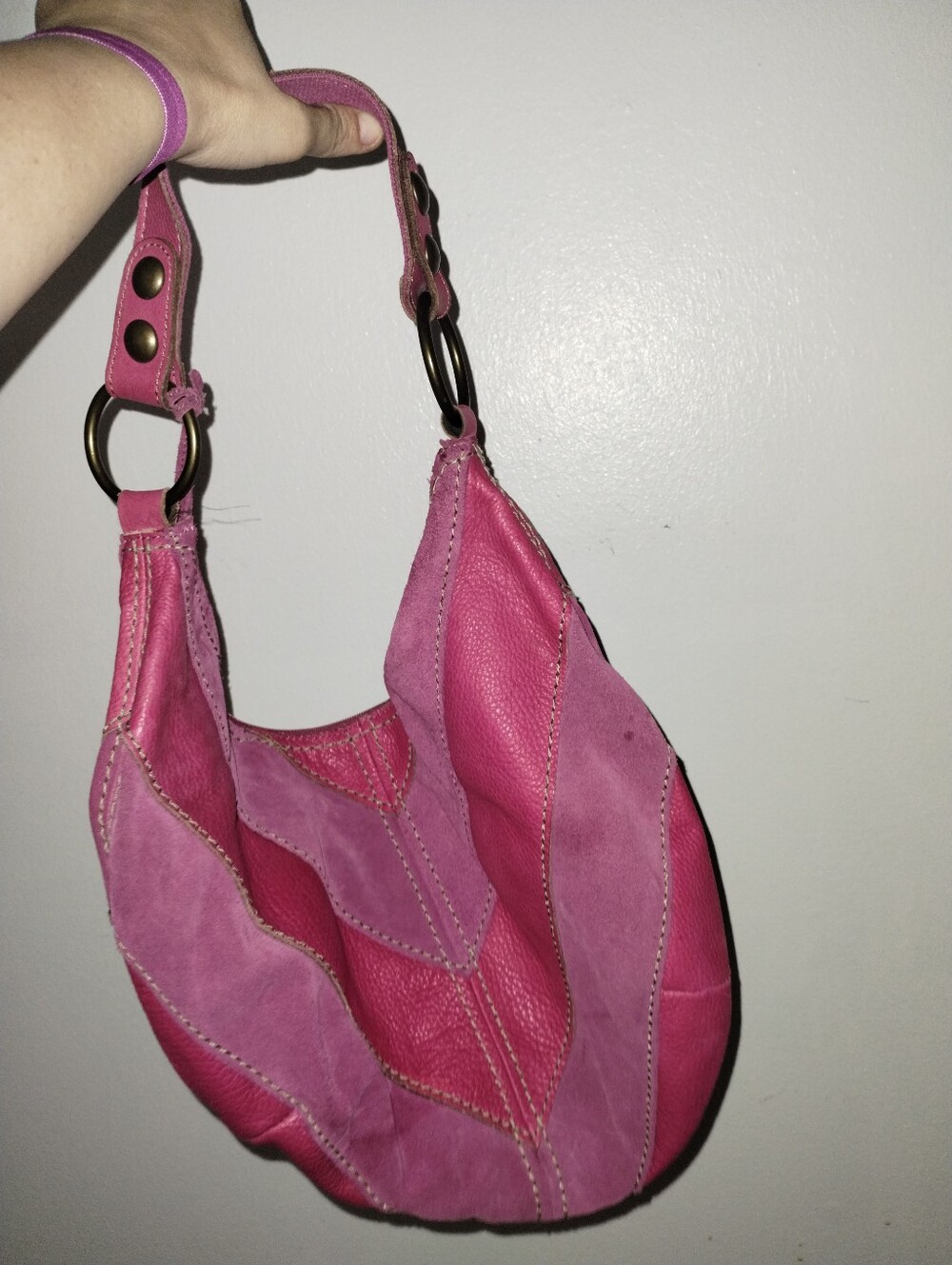 Authentic FOSSIL Rare Pink suede and Pink Leather Patchwork Rate Large Hobo Bag